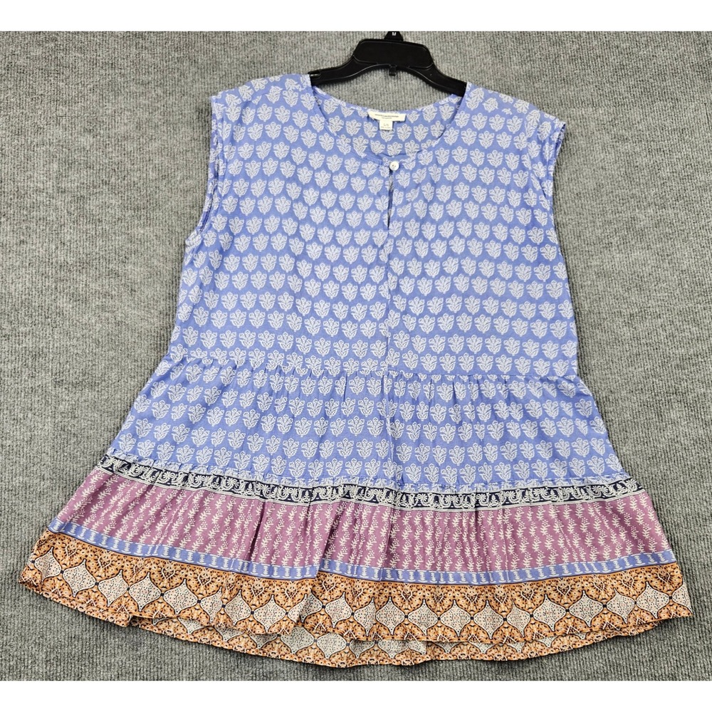 Beachlunchlounge Blue Floral Boho Tiered Babydoll Tunic Top Womens Large Cotton